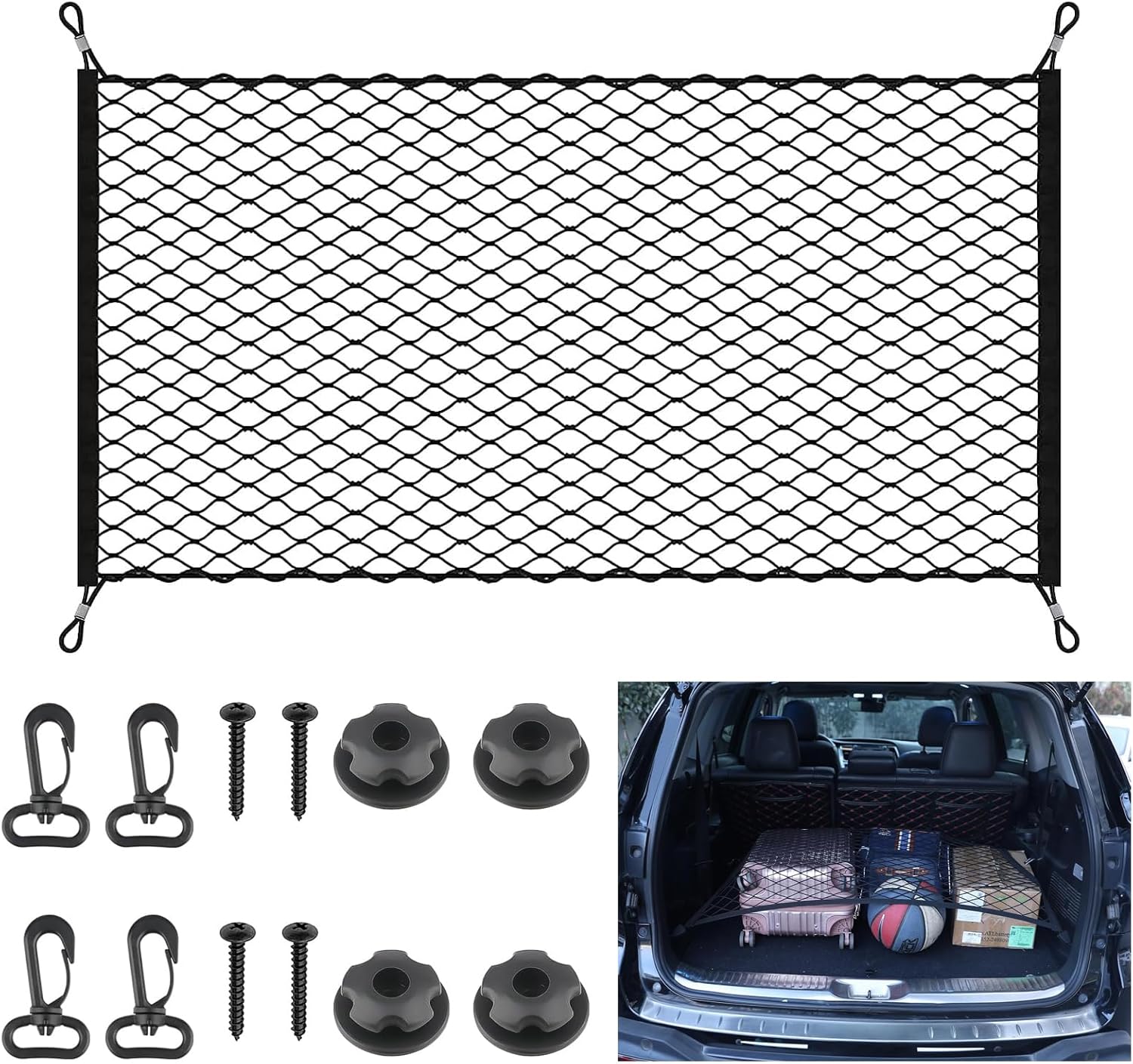 Lescars Filet de coffre universel 70 x 70 cm extensible jusqu'à 105 x 105 cm (protection des bagages, filet à bagages de voiture, organiseur de valise