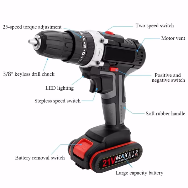Perceuse, Visseuse et à percussion sans fil 3 en 1 avec 2 Batteries 21 V