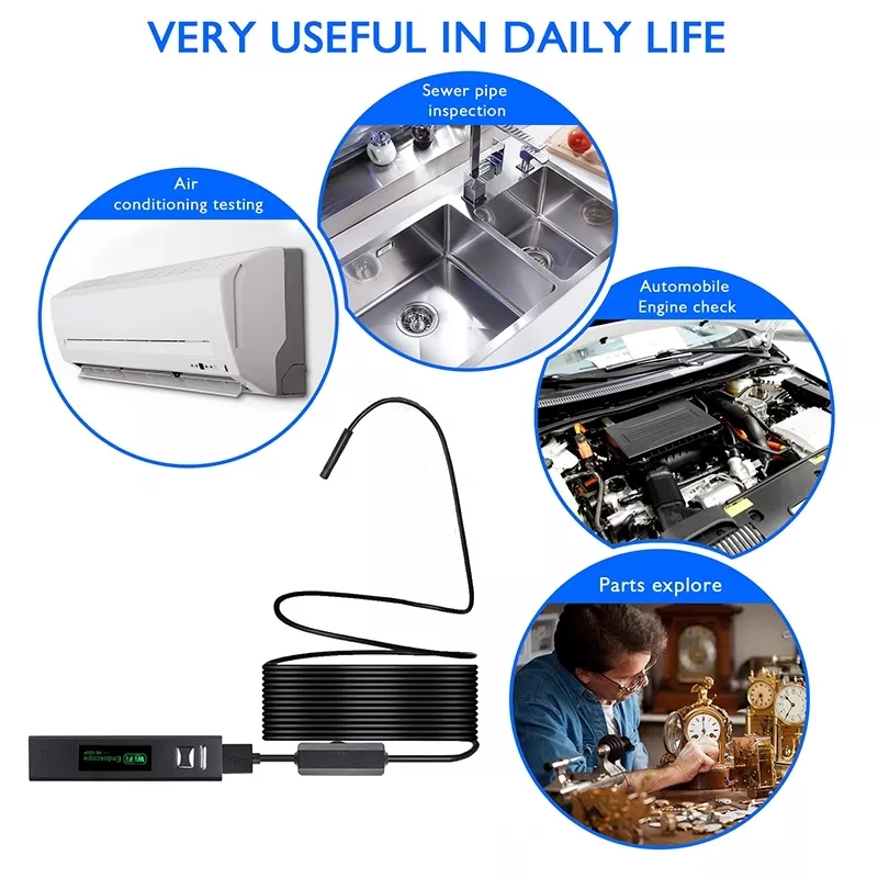 Endoscope 5 metres sans fil WiFi HD 1200P étanche IP68, objectif de 8MM, Rigide