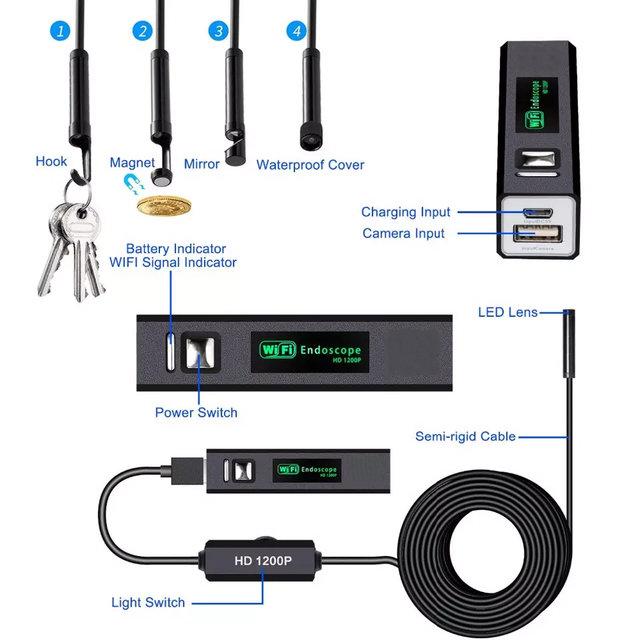 Endoscope 5 metres sans fil WiFi HD 1200P étanche IP68, objectif de 8MM, Rigide