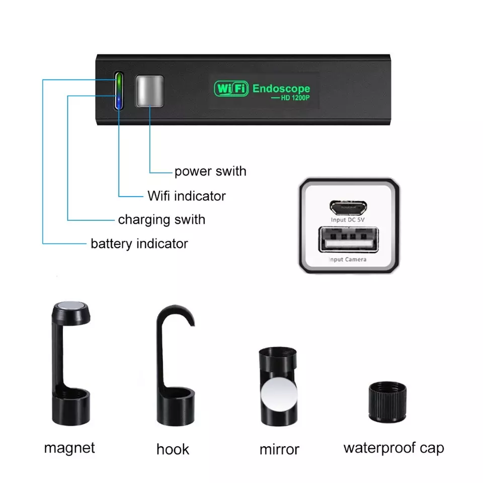 Endoscope 5 metres sans fil WiFi HD 1200P étanche IP68, objectif de 8MM, Rigide