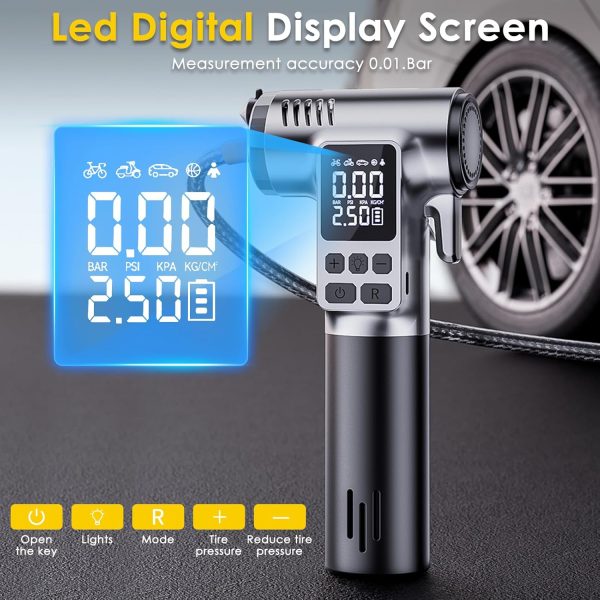 Compresseur d&rsquo;Air Portable 5-en-1 : Pompe 150 PSI avec Lampe LED et Marteau de Sécurité