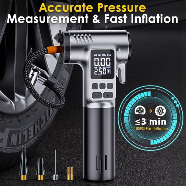 Compresseur d&rsquo;Air Portable 5-en-1 : Pompe 150 PSI avec Lampe LED et Marteau de Sécurité
