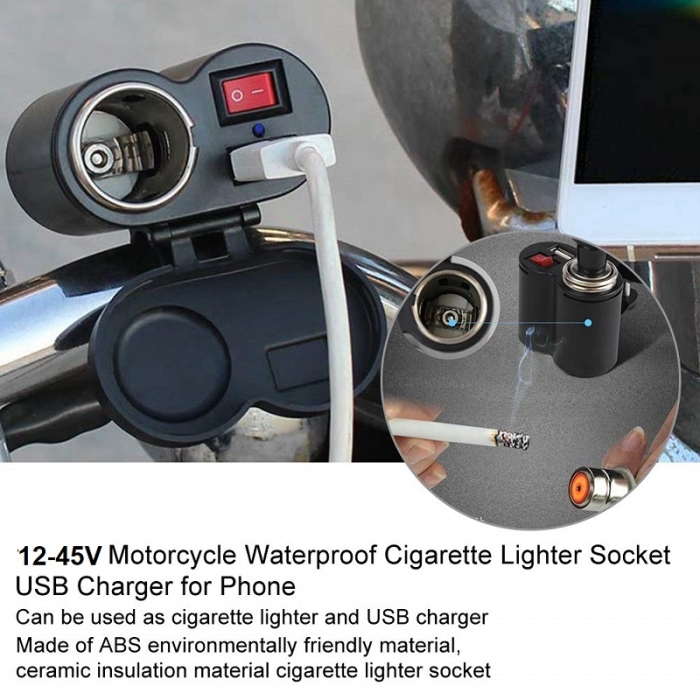Chargeur allume-cigare double alimentation 12-45 V pour moto avec support pour guidon