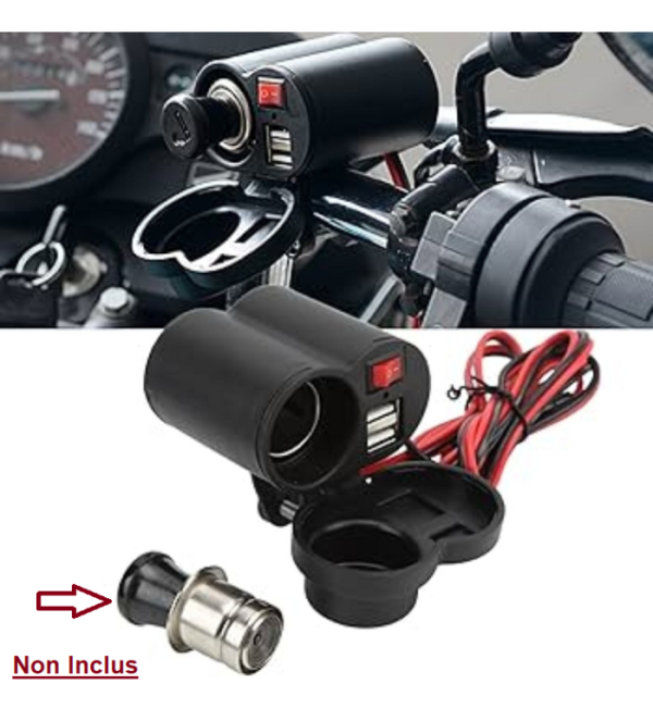 Chargeur allume-cigare double alimentation 12-45 V pour moto avec support pour guidon