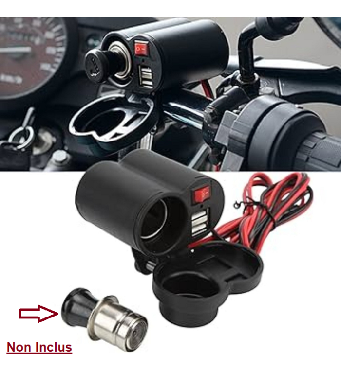 Chargeur allume-cigare double alimentation 12-45 V pour moto avec support pour guidon