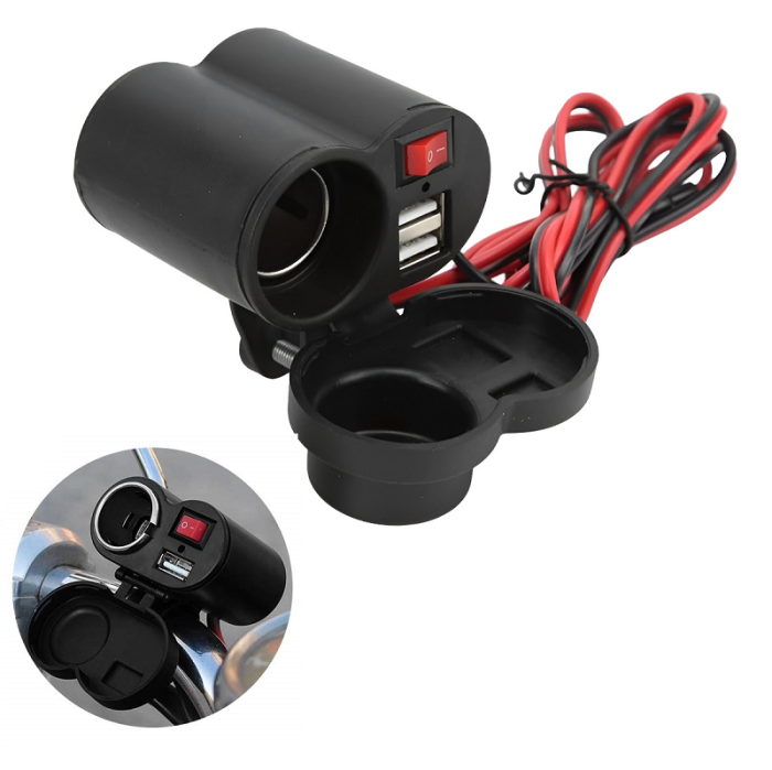 Chargeur allume-cigare double alimentation 12-45 V pour moto avec support pour guidon