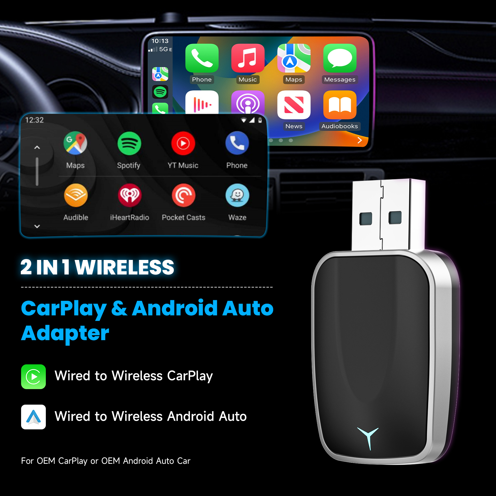 Adaptateur Sans Fil CarPlay & Android Auto – Dongle USB-A/USB-C Plug & Play pour iPhone et Android