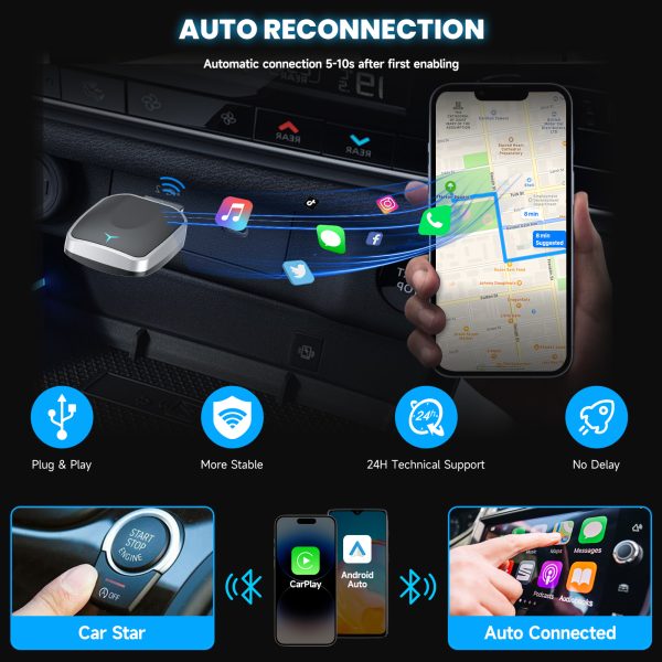 Adaptateur Sans Fil CarPlay & Android Auto – Dongle USB-A/USB-C Plug & Play pour iPhone et Android