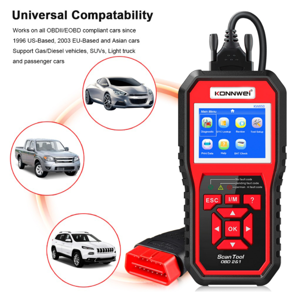 KONNWEI KW850 – Scanner OBD2 de Diagnostic Automobile – Lecteur de Codes Défaut – Analyse des Données Moteur