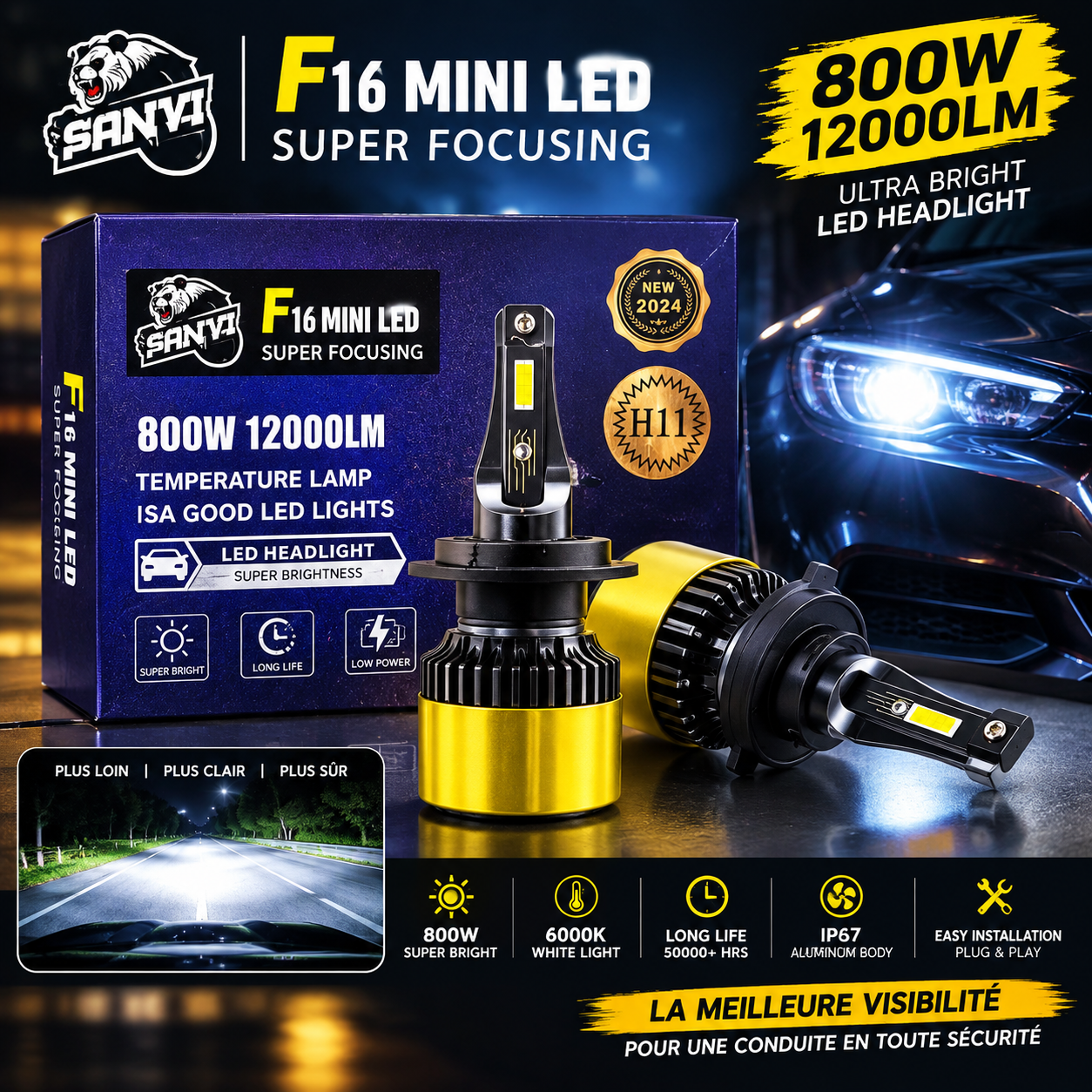 Ampou phare voiture Tunisie – Ampoule de phare de voiture à LED modèle F16