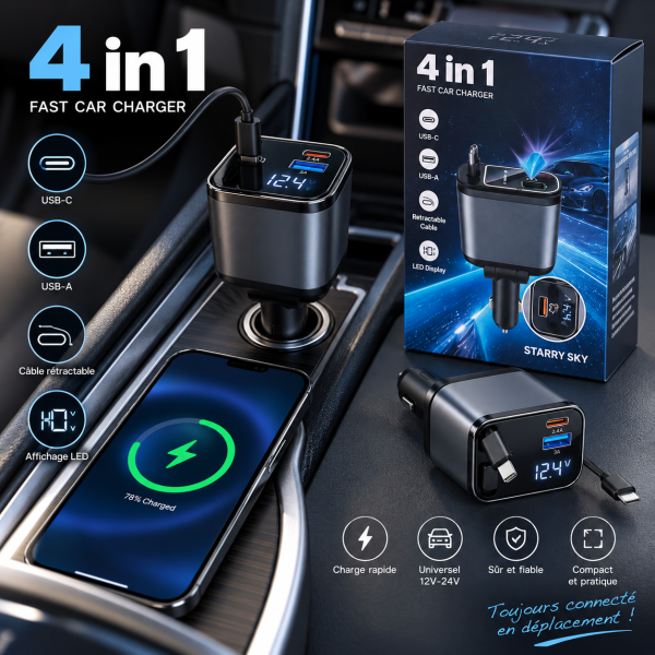 Chargeur Allume-Cigare Voiture 4-en-1 Fast Charge 66W – Double Câble Rétractable (Type-C & Lightning) + Ports USB