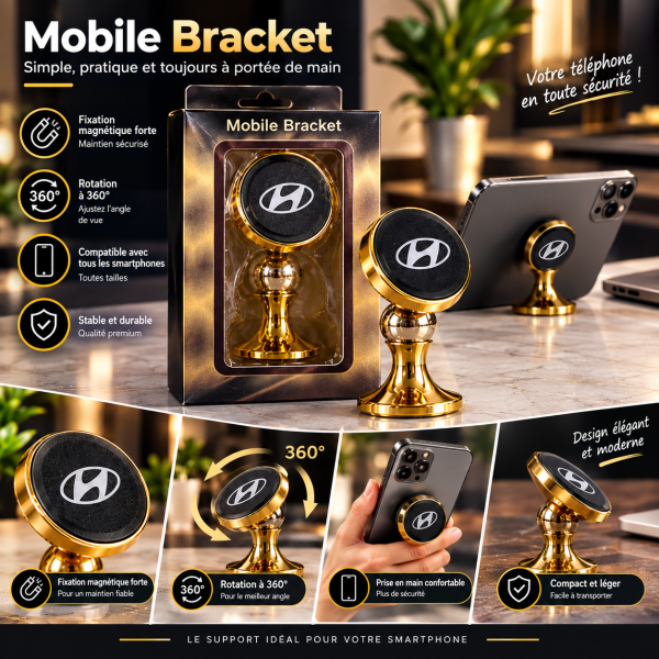 Support Téléphone Voiture Magnétique Rotatif 360° – Logo Hyundai Gold