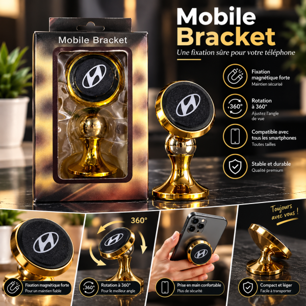 Support Téléphone Voiture Magnétique Rotatif 360° – Logo Hyundai Gold