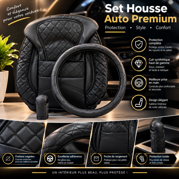 Pack Luxe 3-en-1 Intérieur Auto Similicuir Noir – Housse Siège Baquet Matelassée Losanges + Couvre-Volant + Protège Pommeau