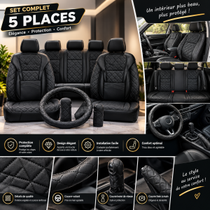 Pack Luxe 3-en-1 Intérieur Auto Similicuir Noir – Housse Siège Baquet Matelassée Losanges + Couvre-Volant + Protège Pommeau