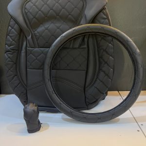 Pack Luxe 3-en-1 Intérieur Auto Similicuir Noir – Housse Siège Baquet Matelassée Losanges + Couvre-Volant + Protège Pommeau