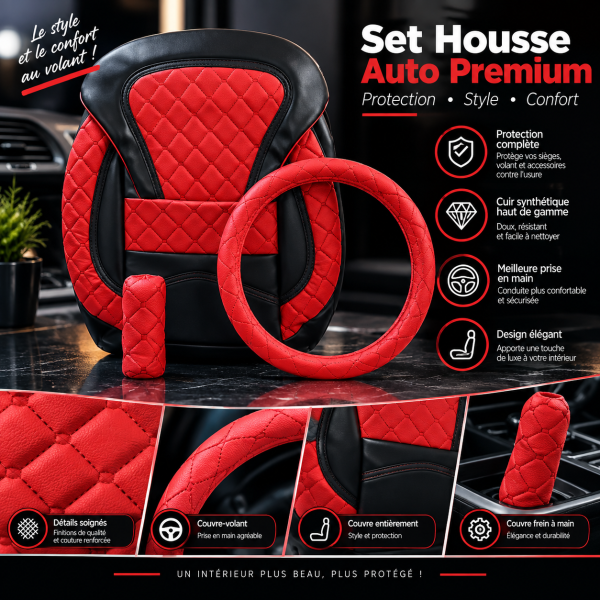 Pack Confort Intérieur Auto Type Boss – Housse Siège Rembourrée + Couvre-Volant + Protège Pommeau (3 Couleurs Disponibles)
